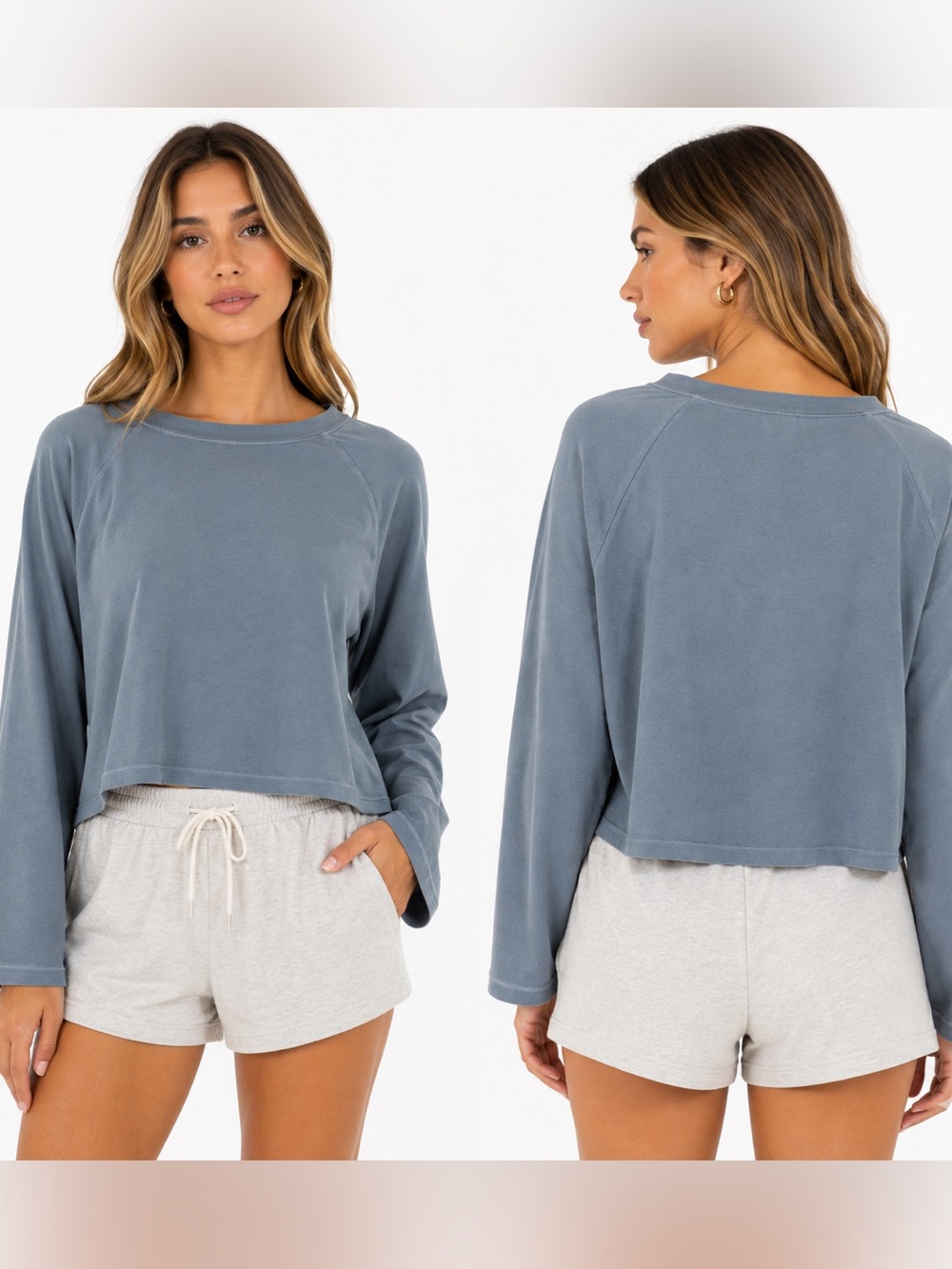 l*space Washed Slate Blue Cropped Long-Sleeve Top